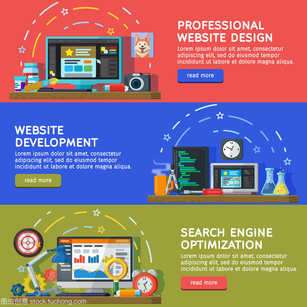 設置為 web 橫幅。橫向平面樣式的廣告橫幅。網站和應用程序的開發。網頁設計。編程和編碼。搜索優化、 Seo 和推廣。矢量圖