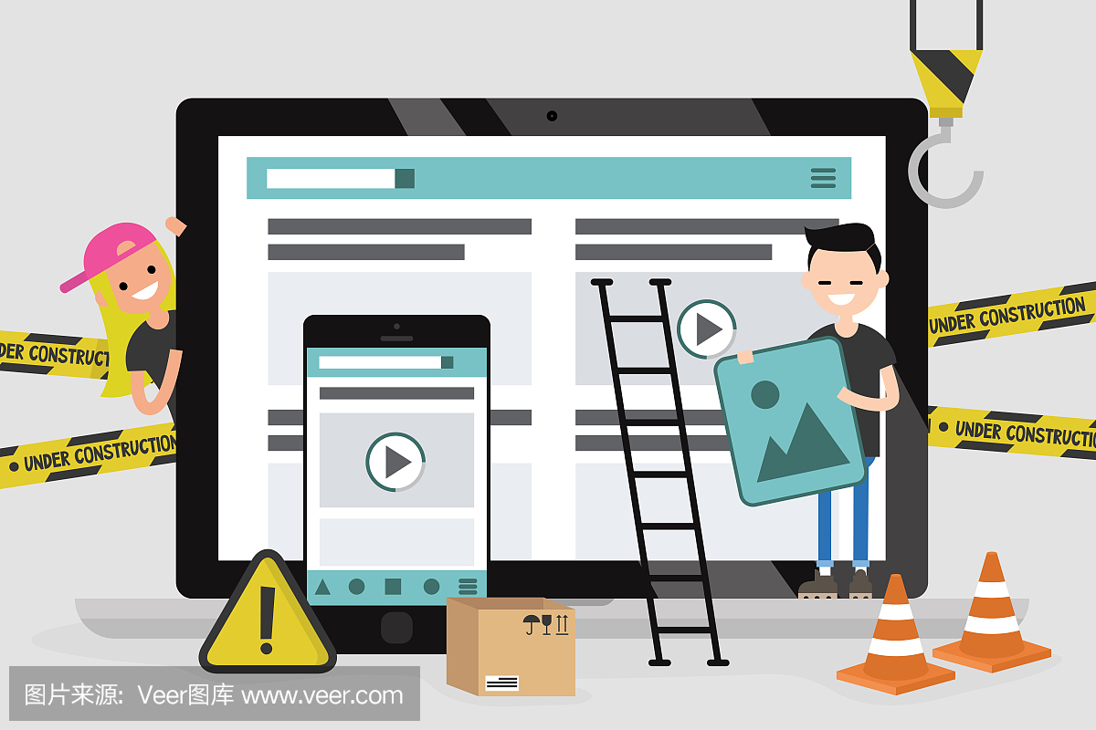 網(wǎng)頁設(shè)計(jì)和開發(fā)。網(wǎng)站在建設(shè)中。一群年輕的專業(yè)人士在為一個(gè)登陸頁面工作。平面矢量插圖,剪輯藝術(shù)。千禧一代在起作用。數(shù)字創(chuàng)意產(chǎn)業(yè)。