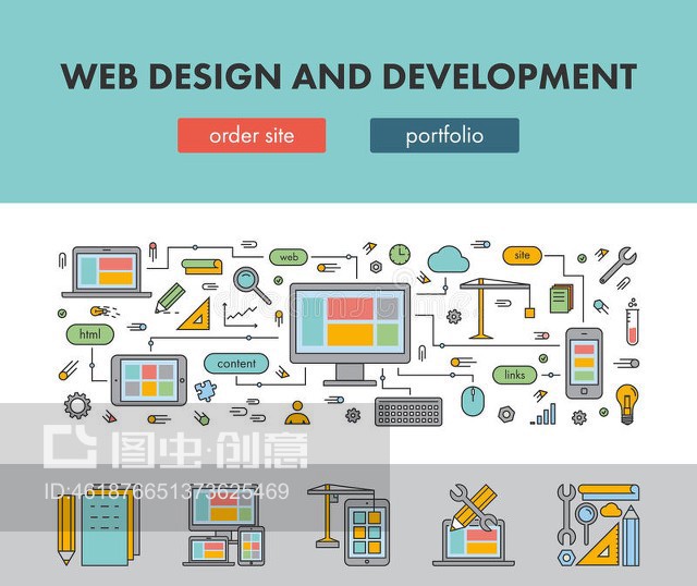 網頁設計和開發的線條設計概念橫幅Line design concept banner for web design and development